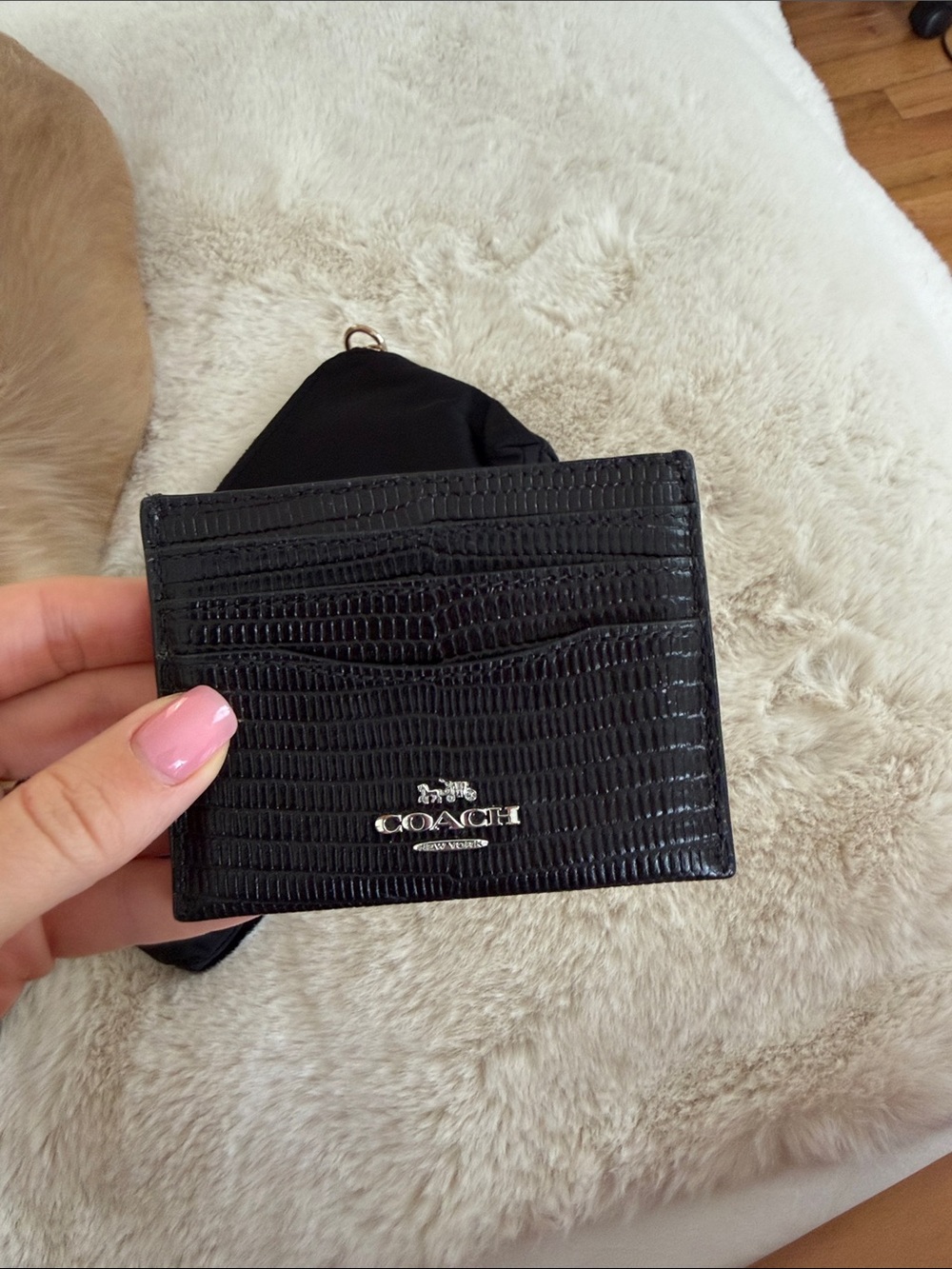 COACH Black Croc-Embossed Leather Card Holder with Silver Logo